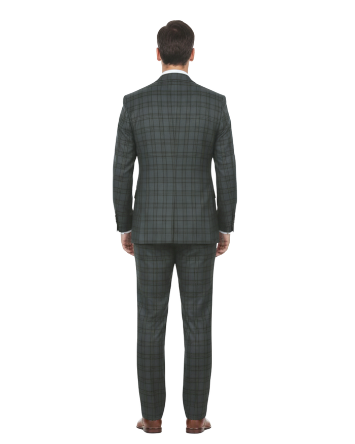 English Laundry Mens Gray With Green Plaid Slim Fit Peak Lapel 2 Button Stretch Suit