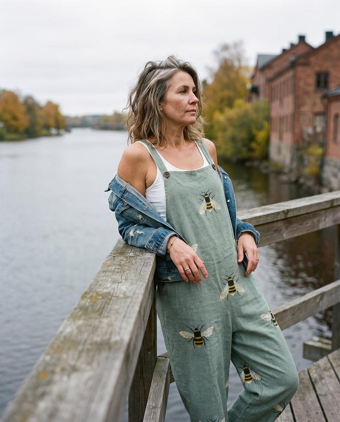 Enni printed wide-leg jumpsuit worn on a riverside walkway