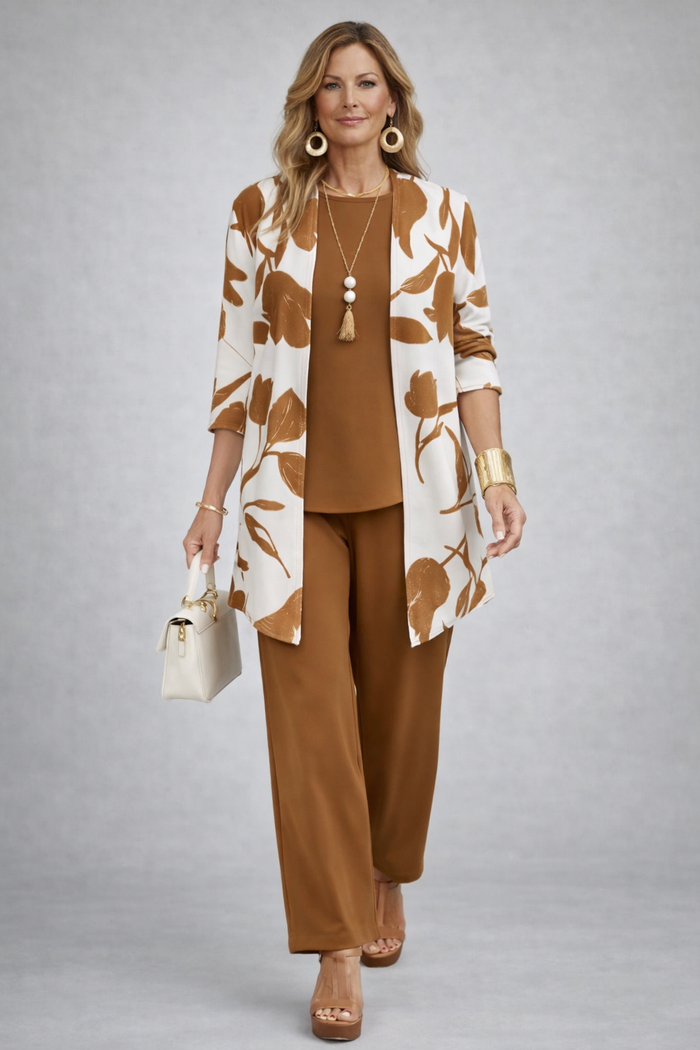 Esmeray | Caramel Leaf-Print Three-Piece Set