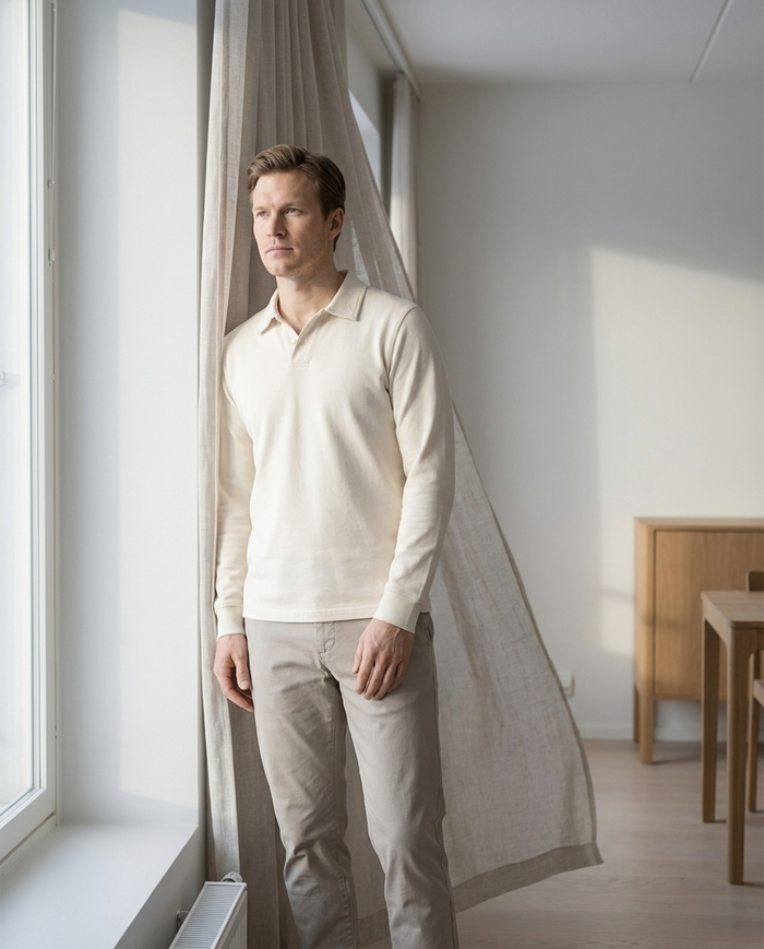 Cream knitted polo worn by a window in a Nordic apartment