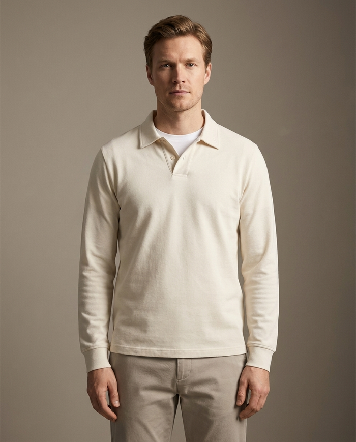 Cream knitted long-sleeve polo in fine pique knit
