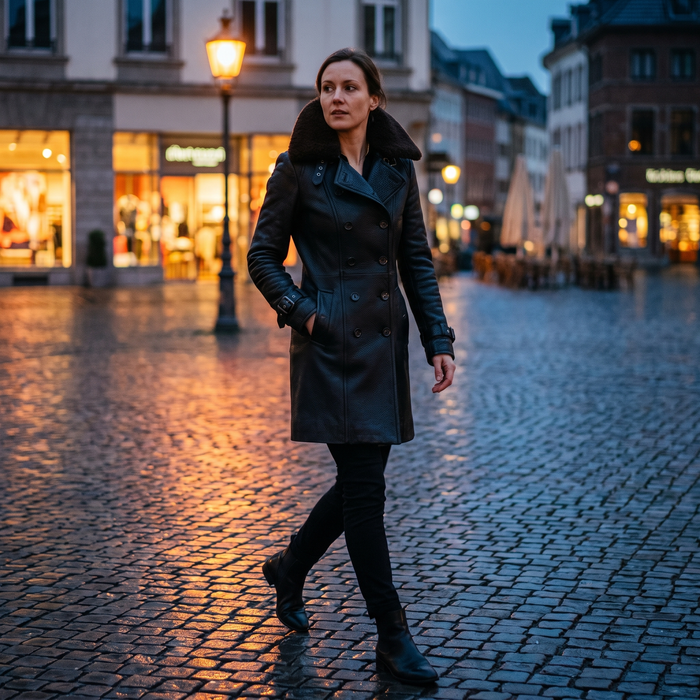 Evelyn Leather Coat - woman crossing cobbled square at dusk, lifestyle mood