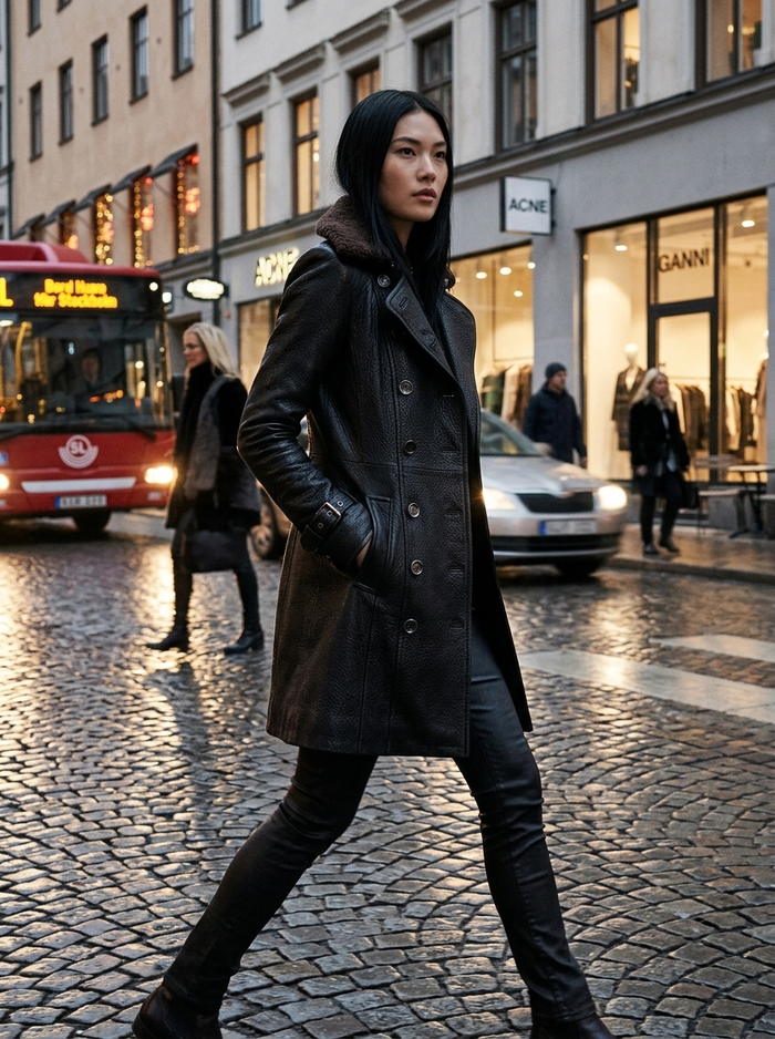 Evelyn Leather Coat - rainy city evening lifestyle mood