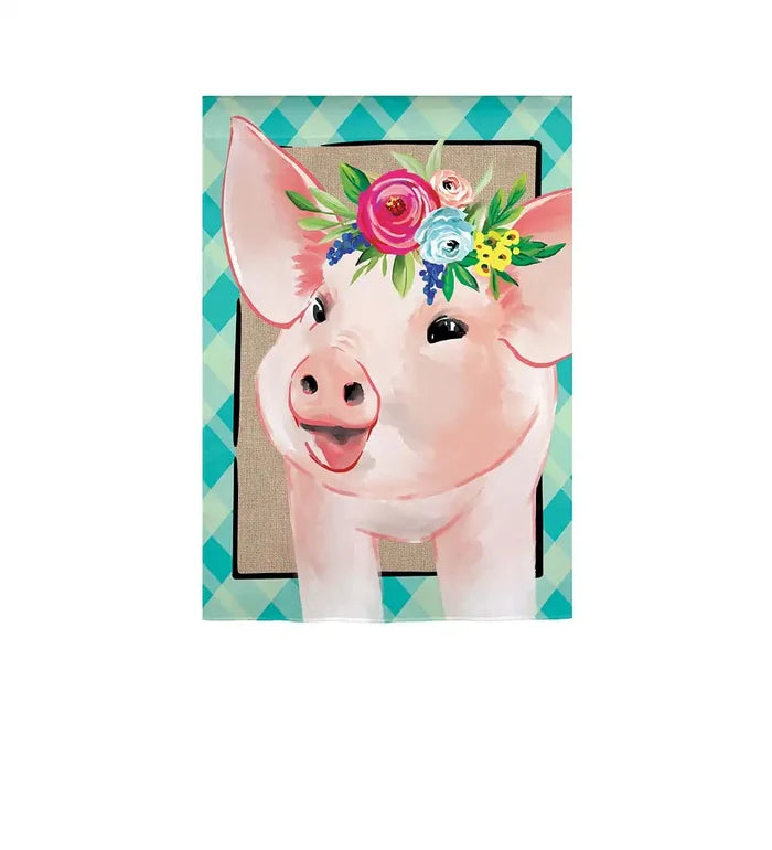Evergreen- Floral Crowned Pig Garden Flag