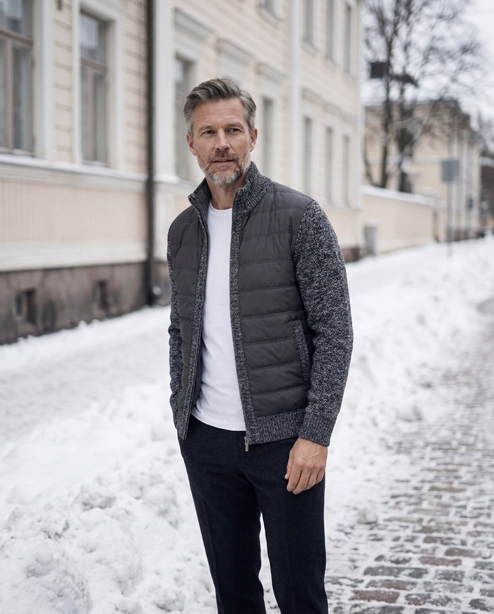 Quilted knit-sleeve jacket worn on a Kruununhaka street in Helsinki