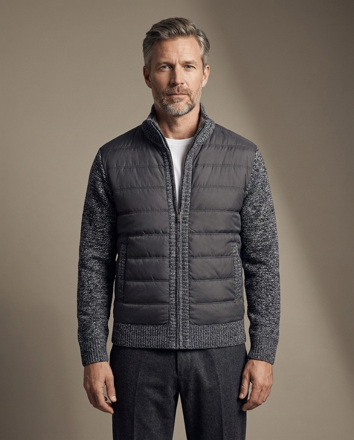 Charcoal quilted jacket with marled grey wool knit sleeves
