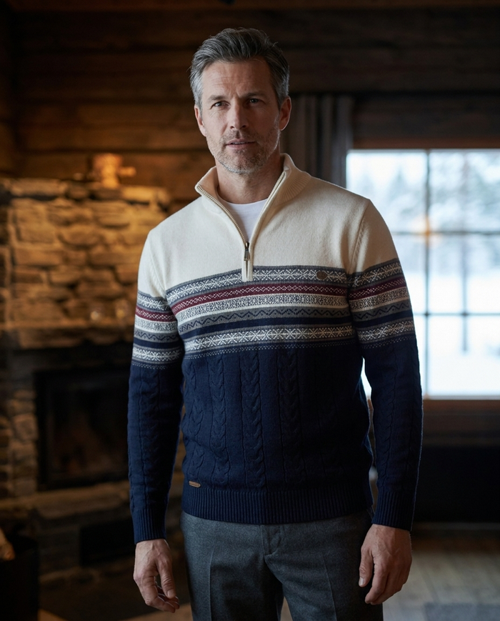 Fair-isle quarter-zip jumper worn in a Nordic ski lodge