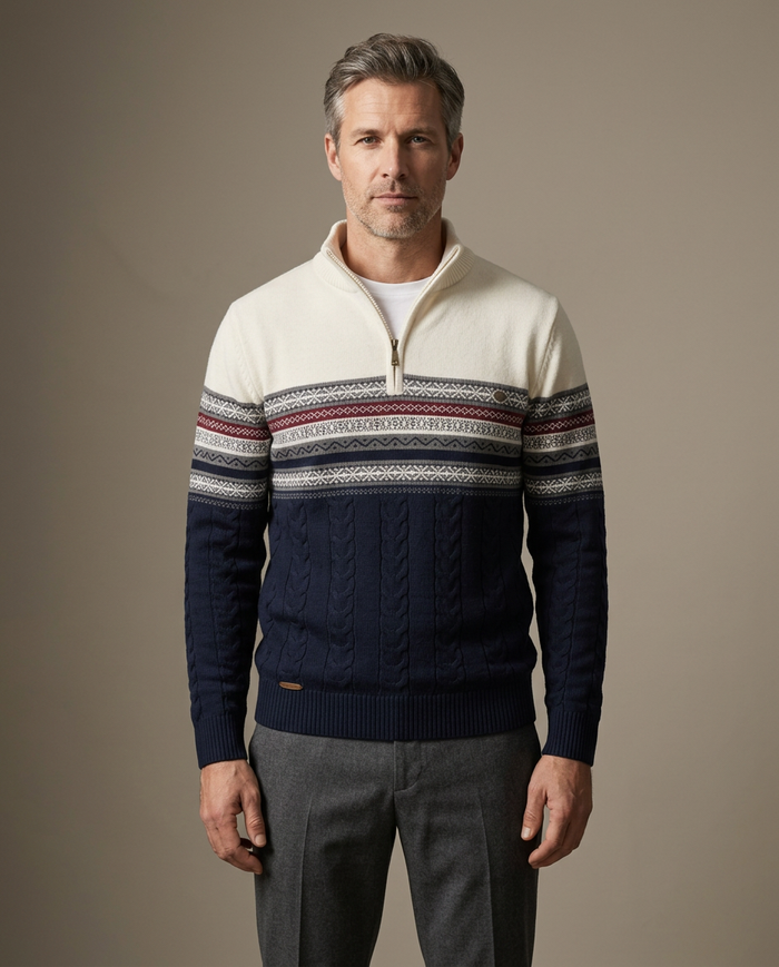 Cream and navy fair-isle quarter-zip knit jumper