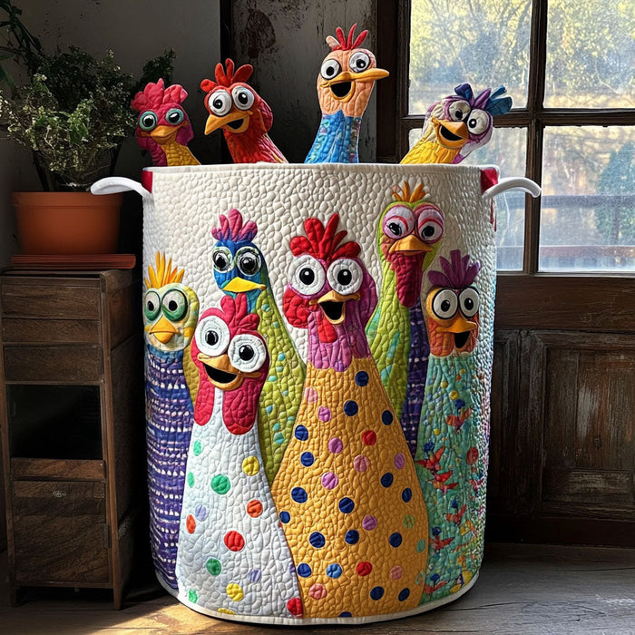 Quilted laundry basket with a row of comic hens