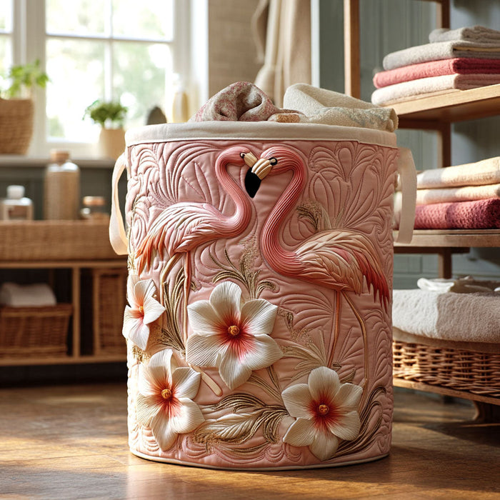 Quilted laundry basket with a flamingo among frangipani blooms in blush pink