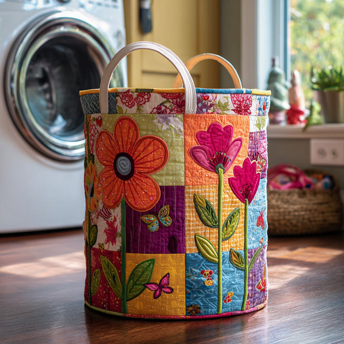 Quilted laundry basket with a grid of floral patchwork squares
