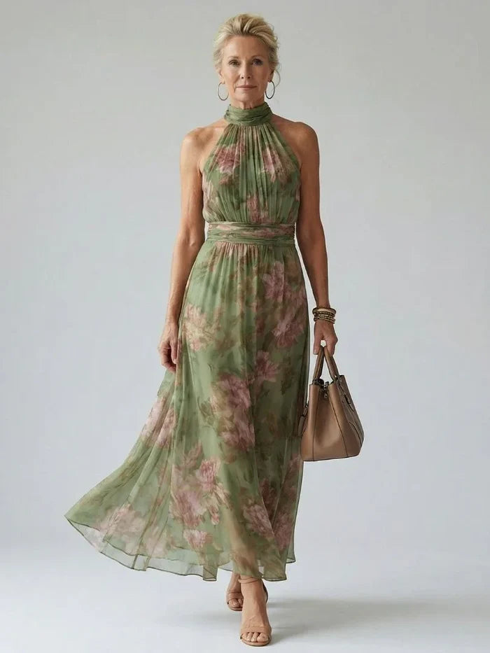Florine | Green with Floral Print Maxi Dress