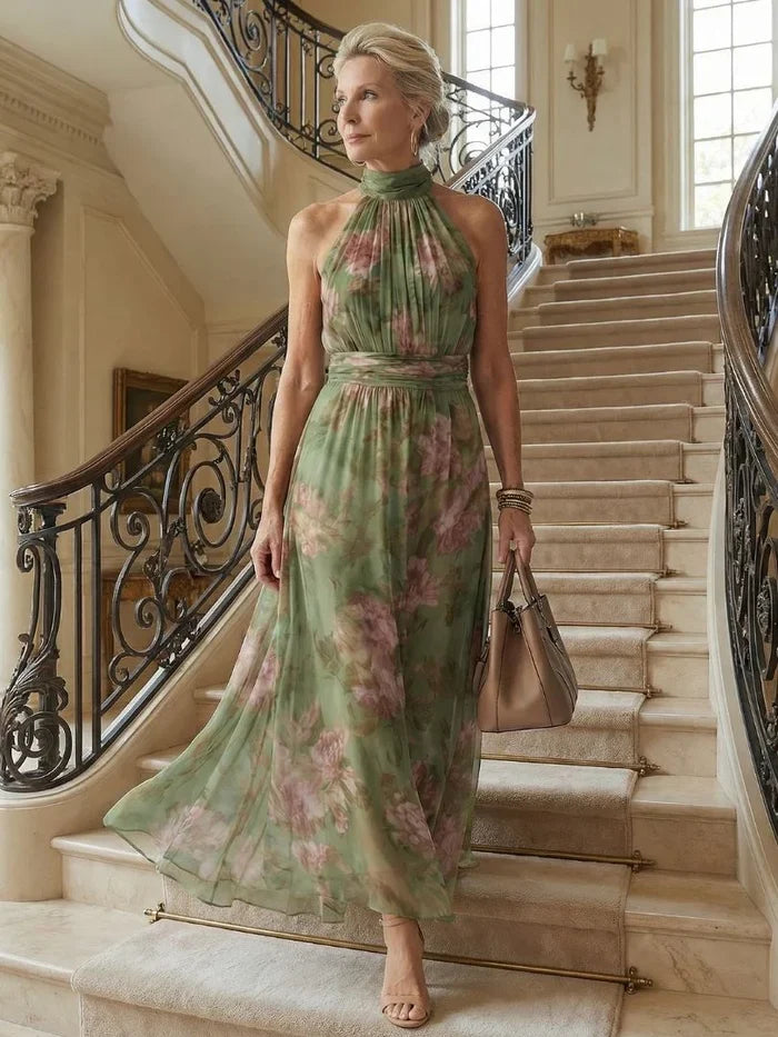 Florine | Green with Floral Print Maxi Dress