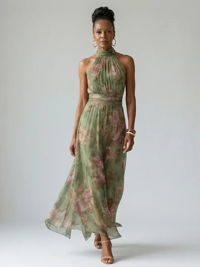 Florine | Green with Floral Print Maxi Dress