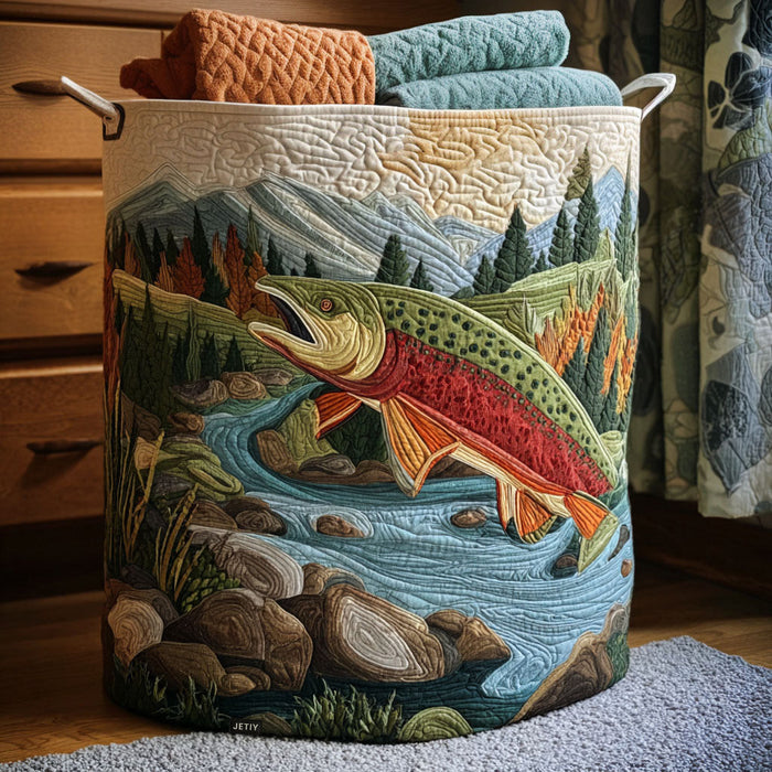 Quilted laundry basket with a trout leaping in a mountain river