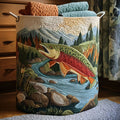 Quilted laundry basket with a trout leaping in a mountain river
