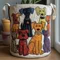 Quilted laundry basket with folk-art dogs sitting in a row