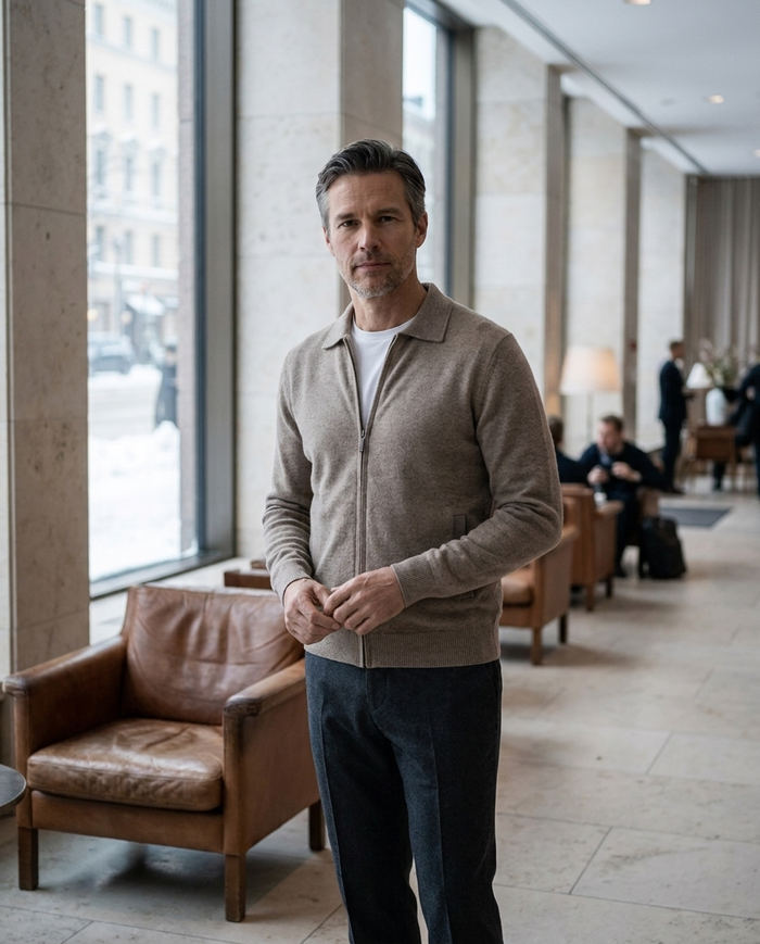 Taupe zip cardigan worn in a quiet Nordic hotel lobby