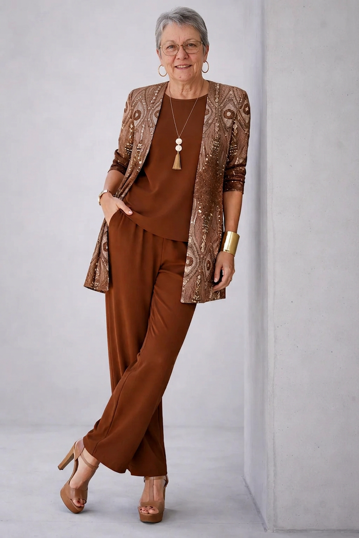 Glenna | Rust Lace-Print Three-Piece Set