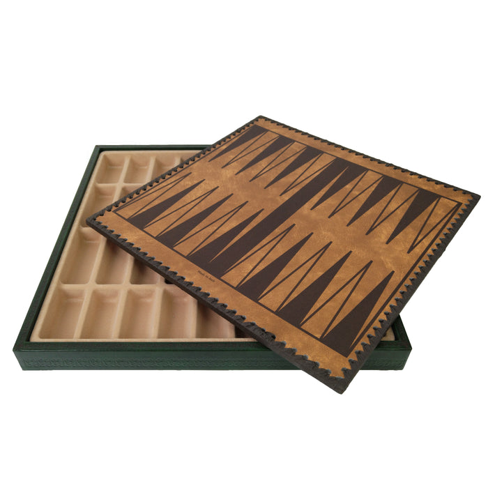 GREEN & GOLD ECOLEATHER | 3-in-1 Box | Chess, Backgammon & Checkers | 3.5cm Squares | 35cm Board | 219GV