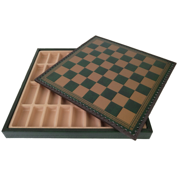 GREEN & GOLD ECOLEATHER | 3-in-1 Box | Chess, Backgammon & Checkers | 3.5cm Squares | 35cm Board | 219GV