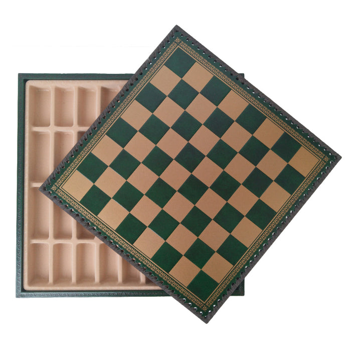 GREEN & GOLD ECOLEATHER | 3-in-1 Box | Chess, Backgammon & Checkers | 3.5cm Squares | 35cm Board | 219GV