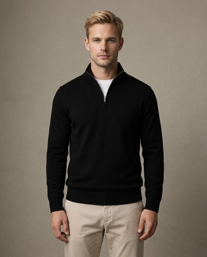Black fine-knit half-zip jumper with high funnel neck