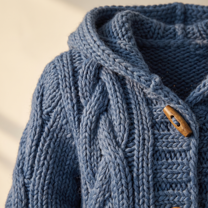 Close-up of the Hanki knit, showing the chunky cable texture and a wooden button