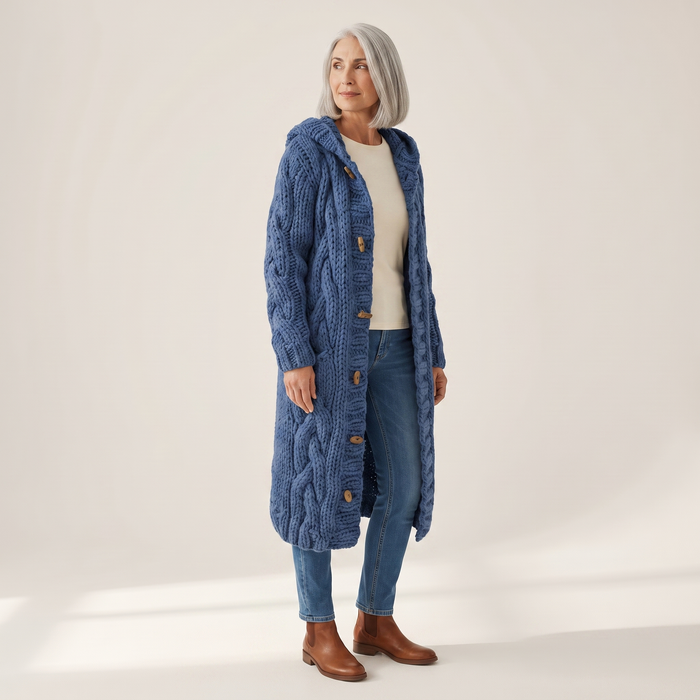 Hanki cable-knit cardigan seen from the side, showing the maxi length and hood