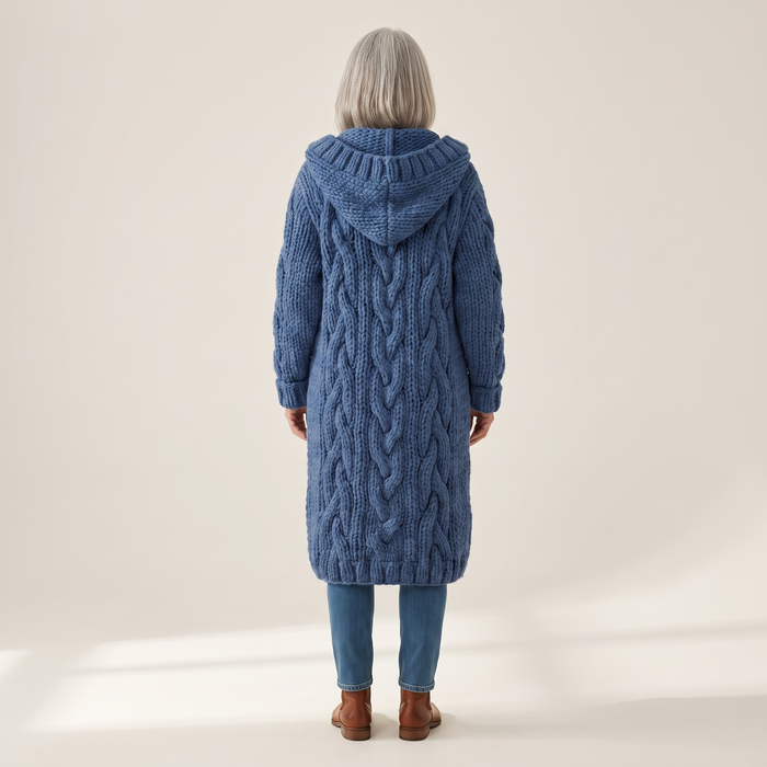 Back view of the Hanki cardigan, showing the cable panels down the back and the hood
