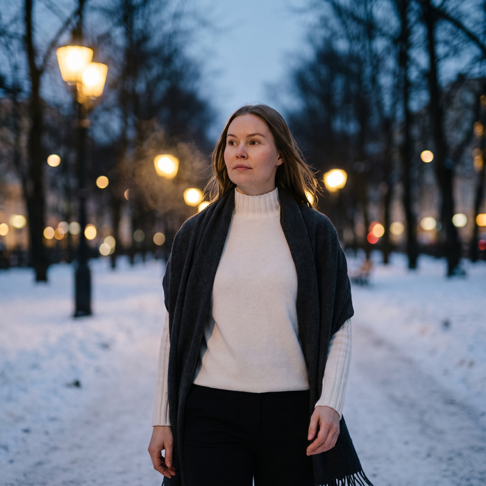 Hannah turtleneck in a snowy Helsinki park at dusk