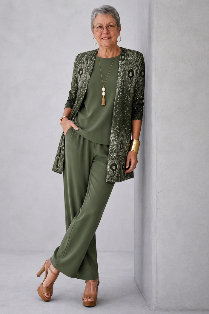 Hannelore | Khaki Medallion Print Three-Piece Set
