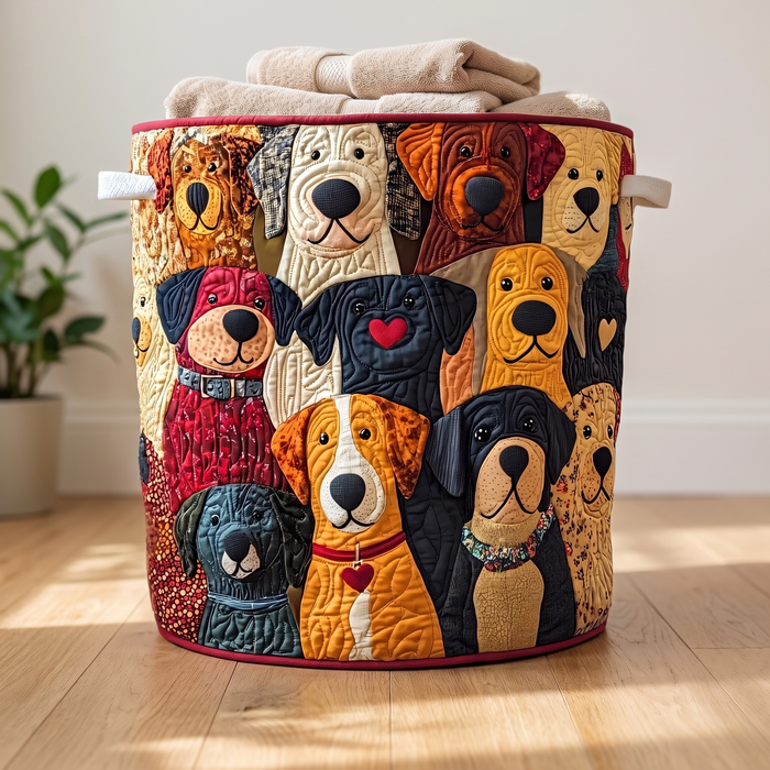 Happy dogs quilted laundry basket standing on a wooden floor at home
