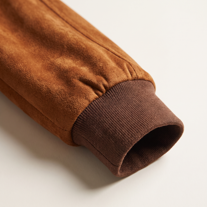 Sleeve detail of the cognac bomber jacket showing the ribbed knit cuff