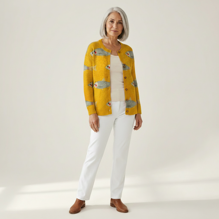Helmi - Fish Print Cardigan in Yellow