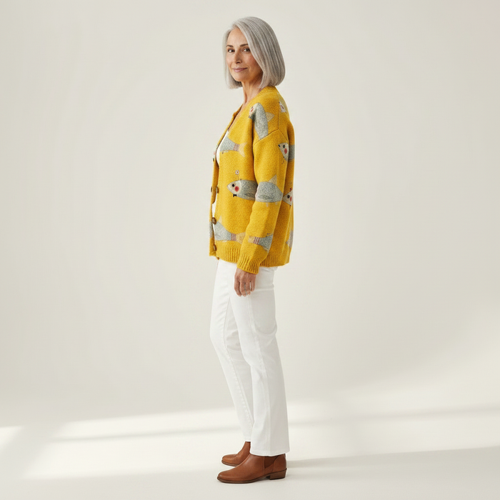 Helmi - Fish Print Cardigan in Yellow