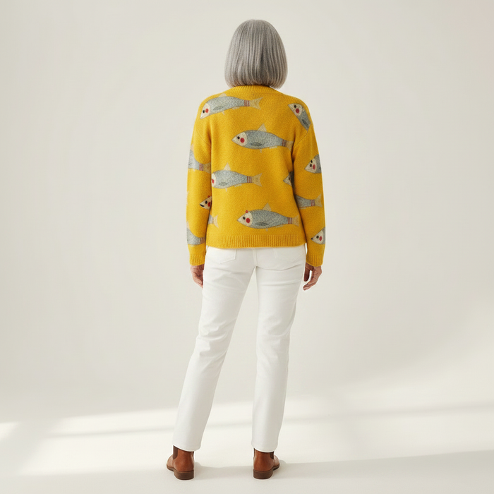 Helmi - Fish Print Cardigan in Yellow