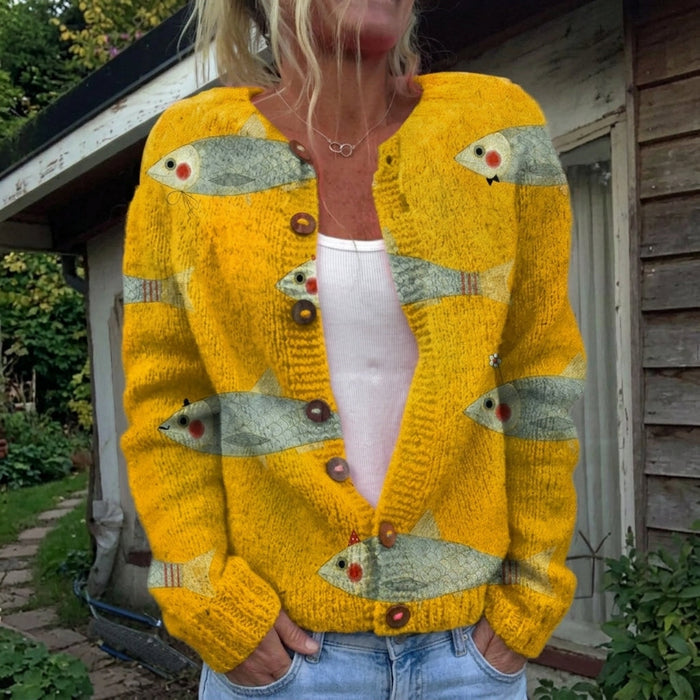 Helmi - Fish Print Cardigan in Yellow