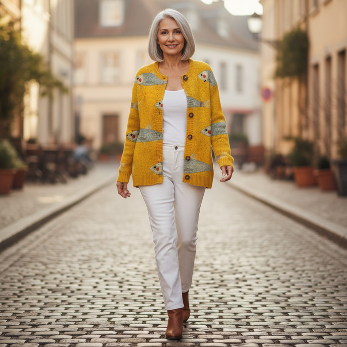 Helmi - Fish Print Cardigan in Yellow