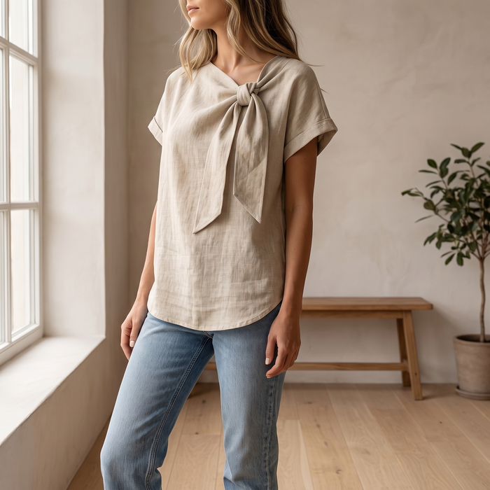 Hera blouse in sand beige worn with jeans in a bright minimal interior