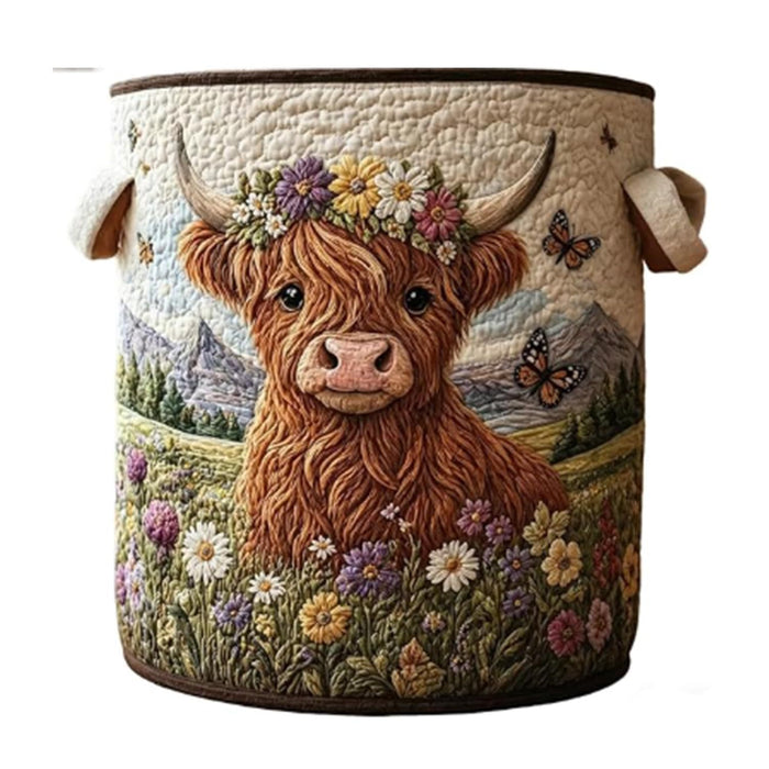 Quilted laundry basket with a Highland cow in a wildflower meadow