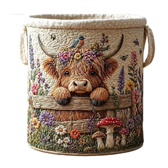 Quilted laundry basket with a Highland cow, wildflowers and toadstools