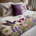 Quilted bed runner with hummingbirds, lavender and butterflies