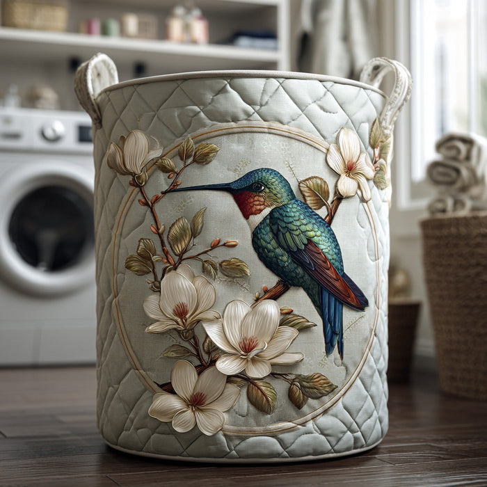 Quilted laundry basket with a hummingbird on a white magnolia branch
