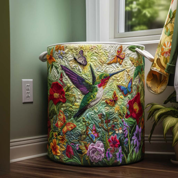 Quilted laundry basket with hummingbirds over wildflowers on mint green
