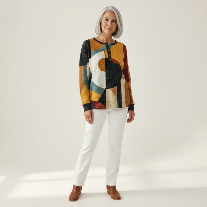 Iida - Geometric Print Waffle Henley