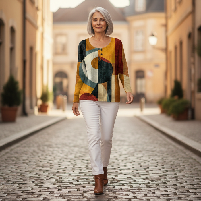 Iida - Geometric Print Waffle Henley