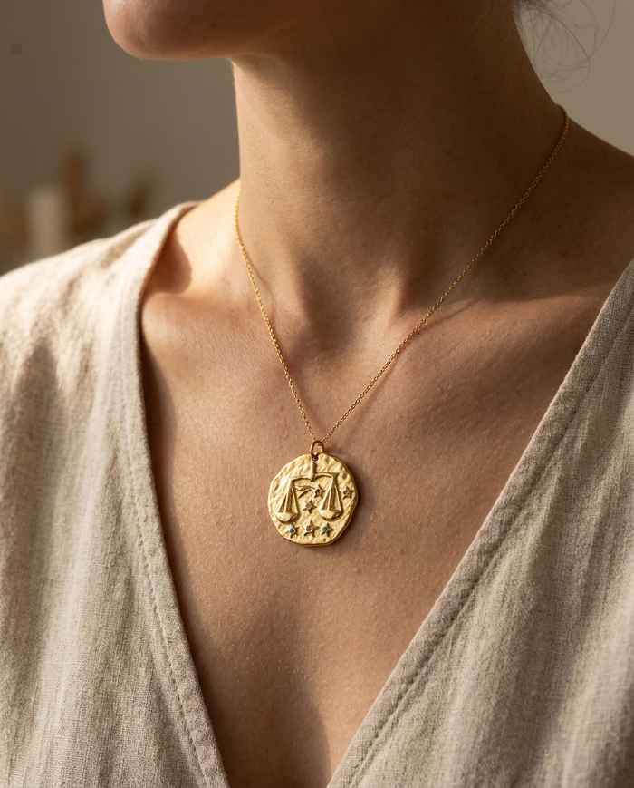 Libra zodiac pendant worn on a fine gold chain