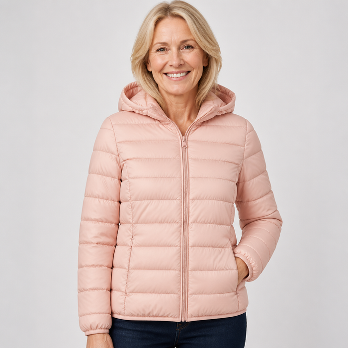 EMMA Ilona lightweight padded jacket in blush pink, worn by a model