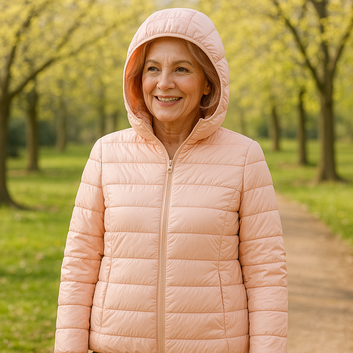 EMMA Ilona lightweight padded jacket in blush pink, worn by a model outdoors